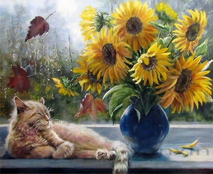 Chat et tournesols