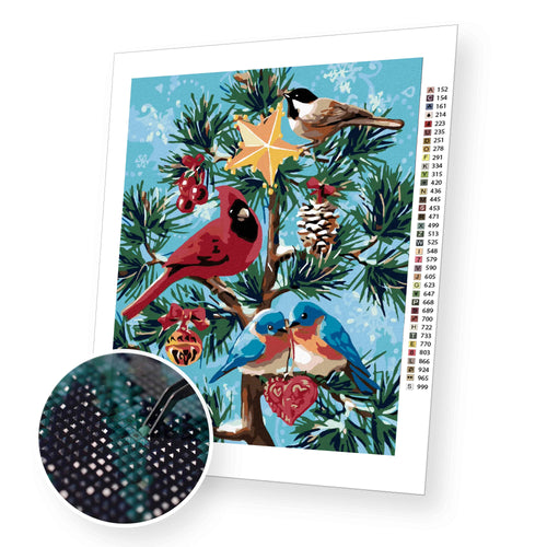 Birds on the Christmas tree premium diamond painting kit for adults